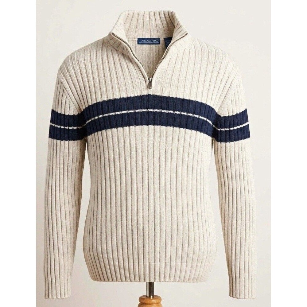 John Ashford Men’s XL Beige/Blue Rib-Knit Mock Neck 1/4 Zip Striped Sweater